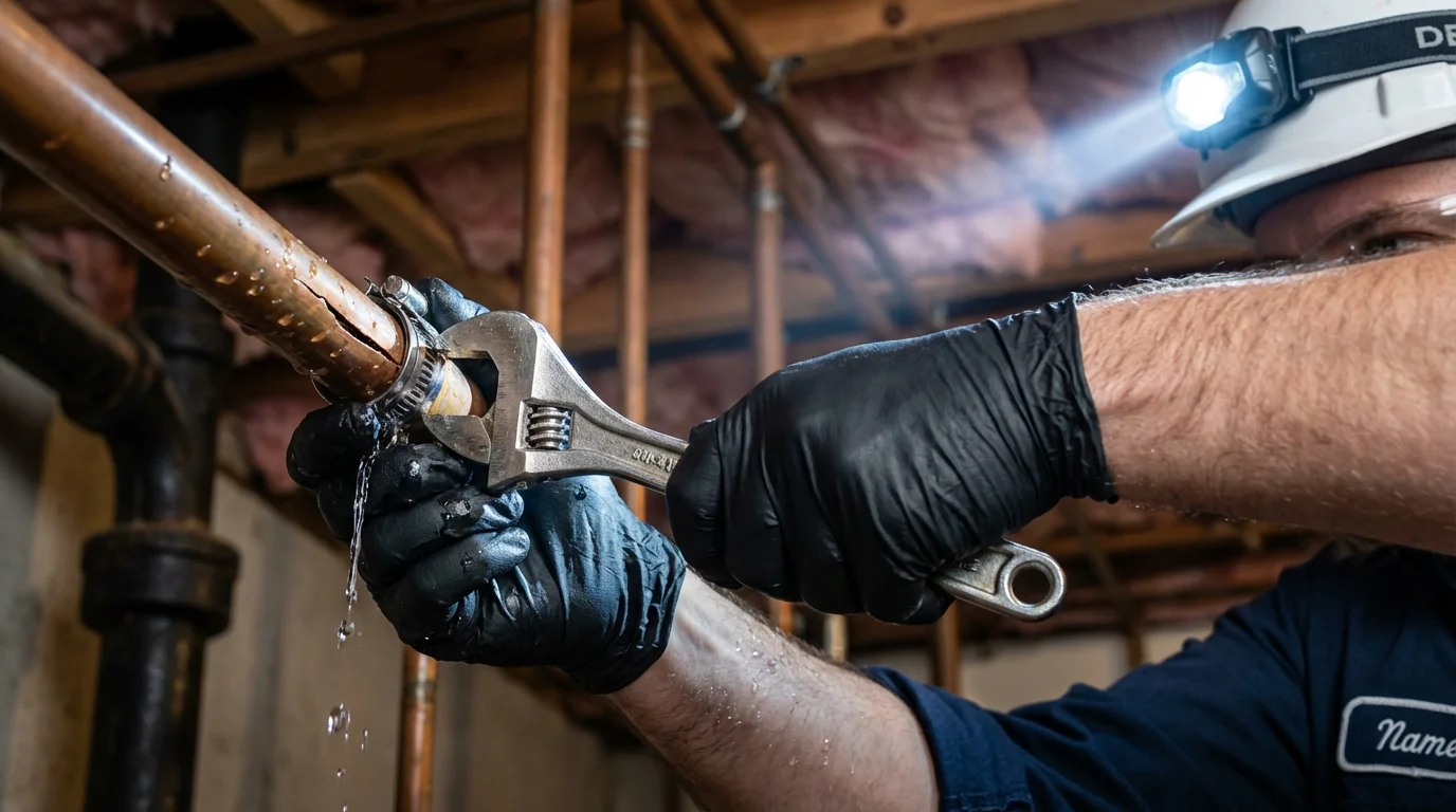 Emergency pipe clamp repair being performed by a Johns Plumbing LLC plumber in Gardner