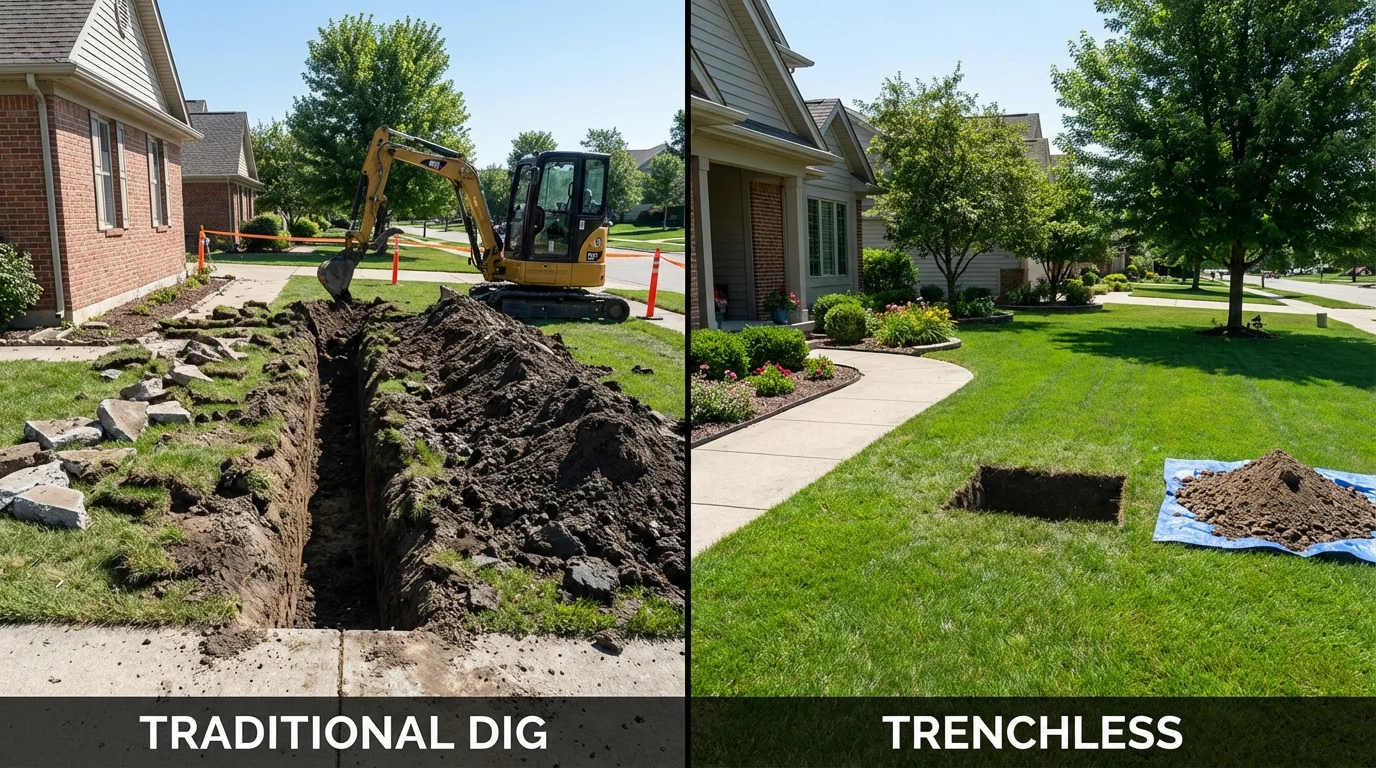 Trenchless sewer repair with minimal yard damage versus traditional excavation in Gardner, IL