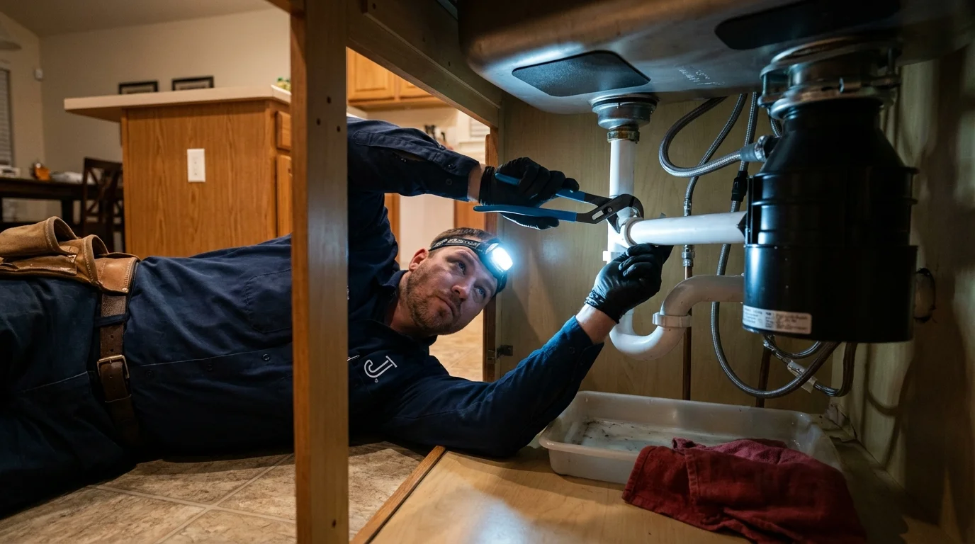 P-trap and supply line connections under a kitchen sink showing a common leak point in Gardner, IL